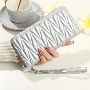 Women Large Capacity Long Zipper Clutch Wallet V-Quilted Pleated PVC Leather Fashion Multi-Slot Phone Bag With Wristlet