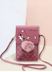 Pink cat-themed phone bag featuring quilted pattern, fur ball charm, and long strap
