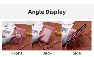 Three-way view of pink crossbody phone bag with cartoon cat pattern and clear window