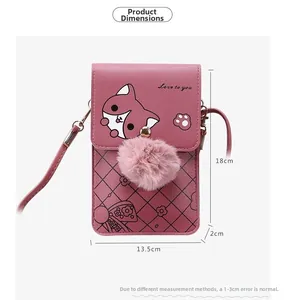 Size chart for pink vertical phone bag showing 18cm height and cat pattern detail