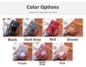 Close-up of quilted cell phone bags in seven colors with cute cat prints and pompom charms