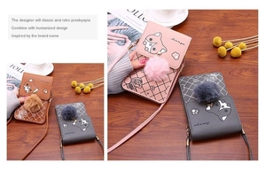Detailed views of vertical phone bags with cartoon fox print and fluffy pom pom charm