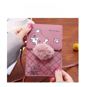 Pink crossbody phone bag with cute cat print and soft faux leather texture detail