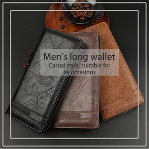Three men's long leather wallets in black and brown with woven pattern detail
