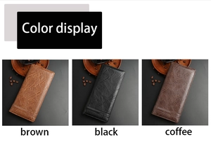 Three men's long wallets in brown, black, and coffee leather with zipper closure