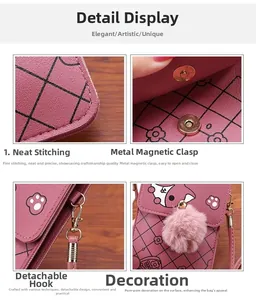 Detail view of pink crossbody bag showing stitch work, magnetic snap and plush ball charm
