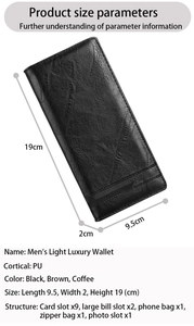 Detailed chart showing PU leather wallet interior with 9 card slots and phone pocket