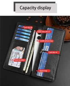 Detail view of the black leather wallet interior showing multiple card slots and phone pocket