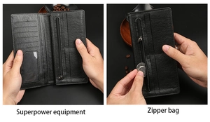 Detail of black pebbled leather long wallet featuring multiple card slots and zipper pocket