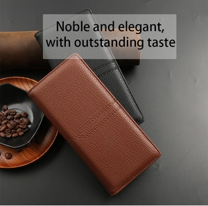 Business style long wallets in black and brown featuring lychee grain leather textures