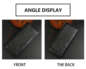 Front and back view of a long black men's wallet with textured leather and zipper