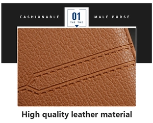 Detail view of brown male purse showing high quality leather texture and precise stitching
