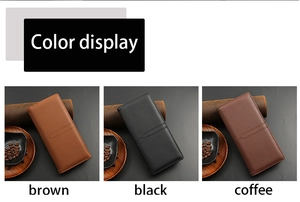 Litchi pattern leather long wallets displayed in black, brown, and coffee colors