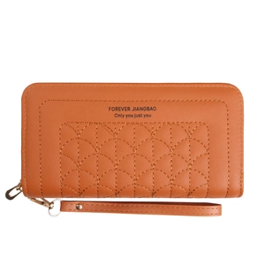 Brown faux leather long wallet with fan-shaped stitching and removable wristlet strap