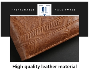 Macro detail of brown PU leather wallet featuring vintage texture and stitching