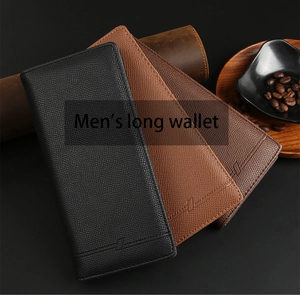 Three men's long wallets in black and brown textured leather shown in a fan layout