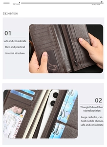 Detail view of brown pebbled leather wallet interior with multi-card slots and phone pocket
