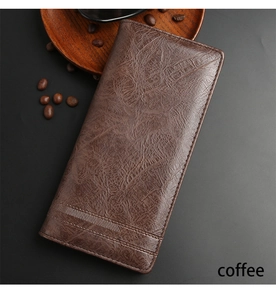 Macro detail of men's coffee brown long wallet with vintage texture and fine stitching