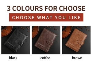 Three-fold men's wallets in black, coffee, and brown featuring vintage PU leather textures