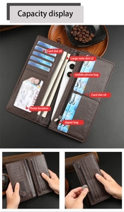 Detail of dark brown leather long wallet with ten card slots and a zipper pocket