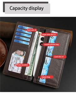 Detail of dark brown leather long wallet featuring 10 card slots and phone pocket