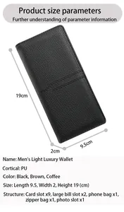 Detailed size chart of men's long leather wallet with internal storage dimensions