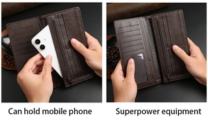 Deep brown leather long wallet featuring multiple card slots and smartphone compartment