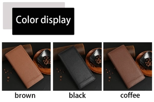 Three colors of men's long leather wallets in brown, black, and coffee shown on wood