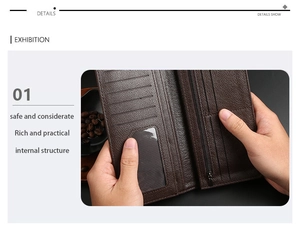 Detailed interior of long brown leather wallet with multiple card slots and zipper pocket
