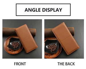 Front and back angle display of brown litchi textured leather long business wallet