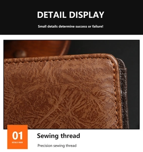 Macro detail of high-quality sewing thread and lychee texture on men's brown leather wallet