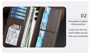 Detailed interior of brown leather wallet showing multiple card slots and phone pocket
