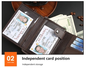 Detail view of tri-fold leather wallet showing multiple card slots and dual ID windows