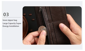 Detail view of multi-card slots and zippered compartment in dark brown leather wallet