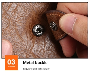 Macro detail of dark grey metal snap buckle on brown litchi pattern leather wallet
