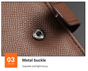 Nahaufnahme der Metallschnalle auf einem braunen Leder-Passetui mit feinen Nähten
