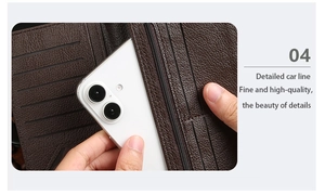 Detail showing high-capacity leather wallet with multiple card slots and a phone compartment