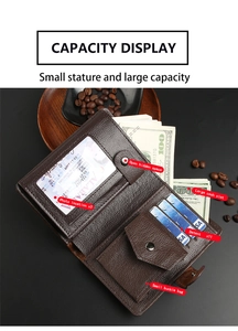 Detail view of tri-fold men's brown leather wallet with 11 card slots and coin pocket
