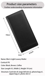 Detail view of men's long leather wallet showing multi-card slots and internal dimensions