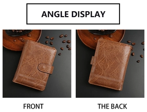 Front and back view of a vintage brown leather tri-fold wallet for men with buckle