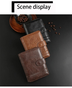 Retro textured men's tri-fold wallets in black, light brown and dark brown PU leather