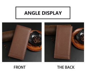 Front and back detail of brown Epsom textured leather long wallet for men with sleek embossing