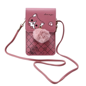 Pink PU leather crossbody phone bag with cute cartoon fox pattern and fur ball charm