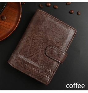 Close-up of vintage brown PU leather tri-fold wallet with buckle and coffee bean decor