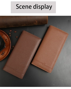 Detailed view of Saffiano leather texture on long men's wallets in brown and coffee colors