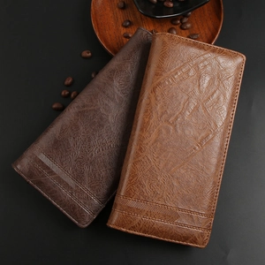Mens long crocodile texture leather wallet in brown with multi-card slots and large capacity