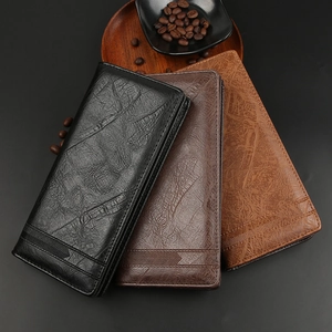 Men's vintage long leather wallets in black, dark coffee, and light brown with a zip closure