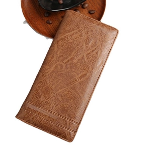 Men's long brown wallet with crocodile embossed texture and multi-slot zipper design