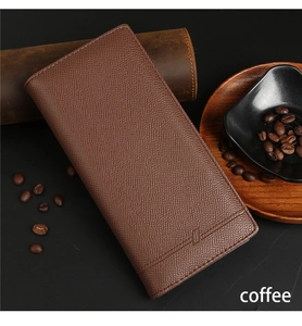 Detailed view of coffee brown textured leather long wallet for men in a business setting