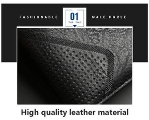 Close-up of premium black leather male purse featuring fine texture and punched detailing